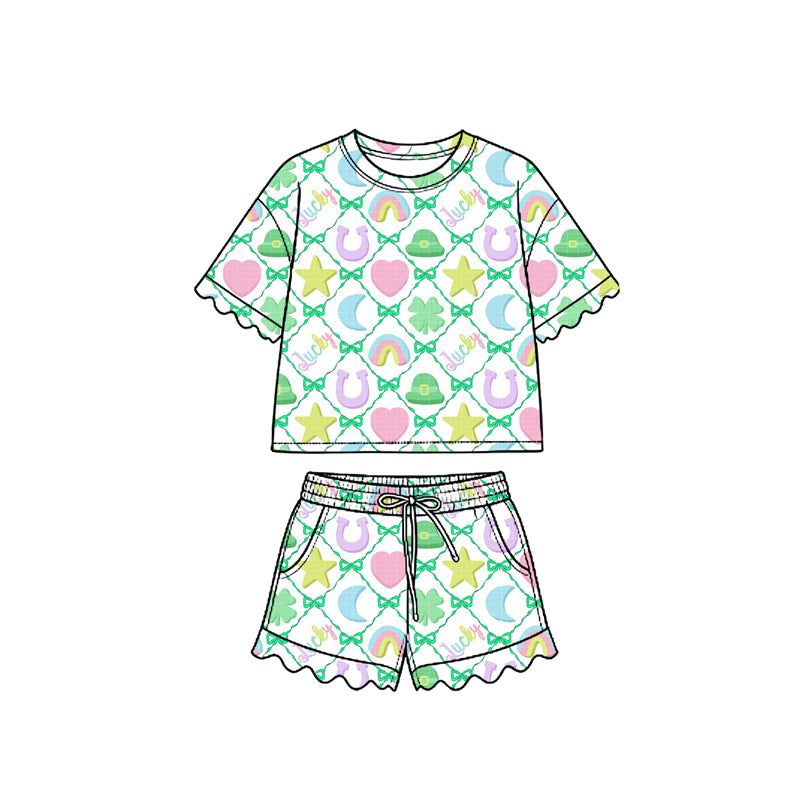 Preorder (moq 5) Baby Girl Clothes St Patricks Lucky Charm Rainbow Heart Mixed Print Short Sleeve Ruffle Short Set