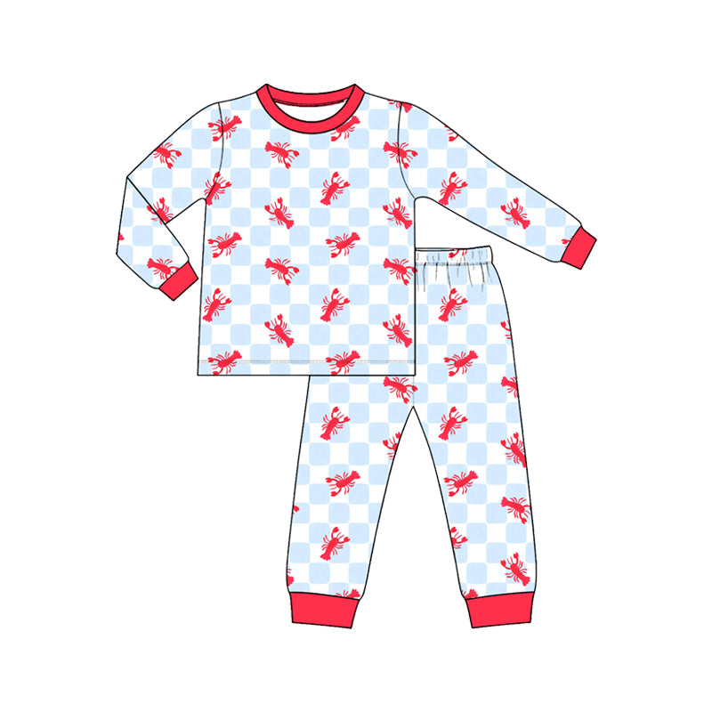 Preorder (moq 5) Baby Boy Clothes Crawfish Checkerboard Print Long Sleeve Pajama Set
