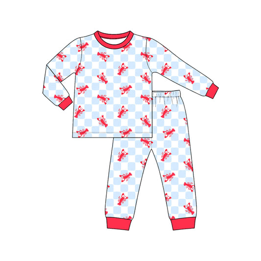 Preorder (moq 5) Baby Boy Clothes Crawfish Checkerboard Print Long Sleeve Pajama Set