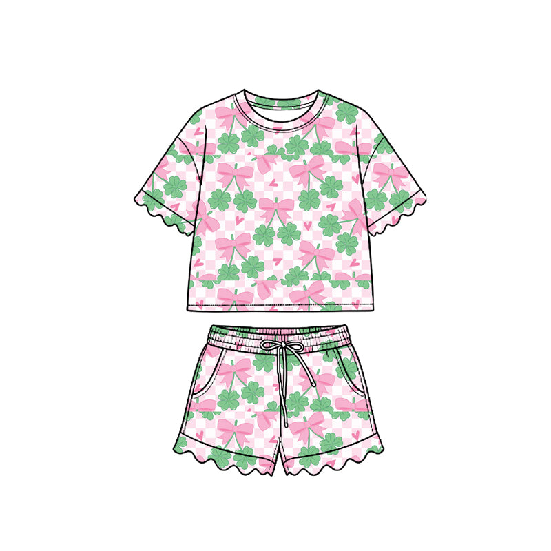 Preorder (moq 5) Baby Girl Clothes St Patricks Pink Bow Clover Checkered Mixed Print Short Sleeve Ruffle Short Set