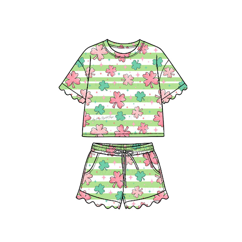 Preorder (moq 5) Baby Girl Clothes St Patricks Striped Pink Clover Floral Mixed Print Short Sleeve Ruffle Short Set