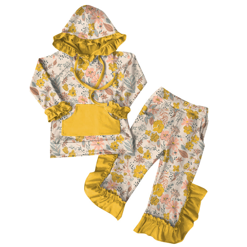 Preorder (moq 5)Baby Girls Yellow Pink Flowers Hoodies Top Ruffle Pant Sets