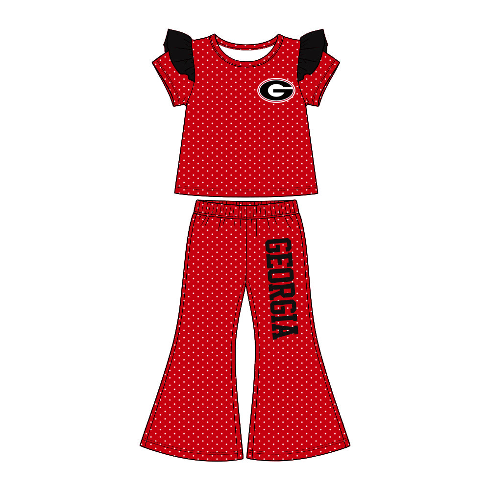 Preorder (moq5) Baby Girls Georgia Polka Dots Flutter Sleeve Top Flare Pants Team Clothes Set