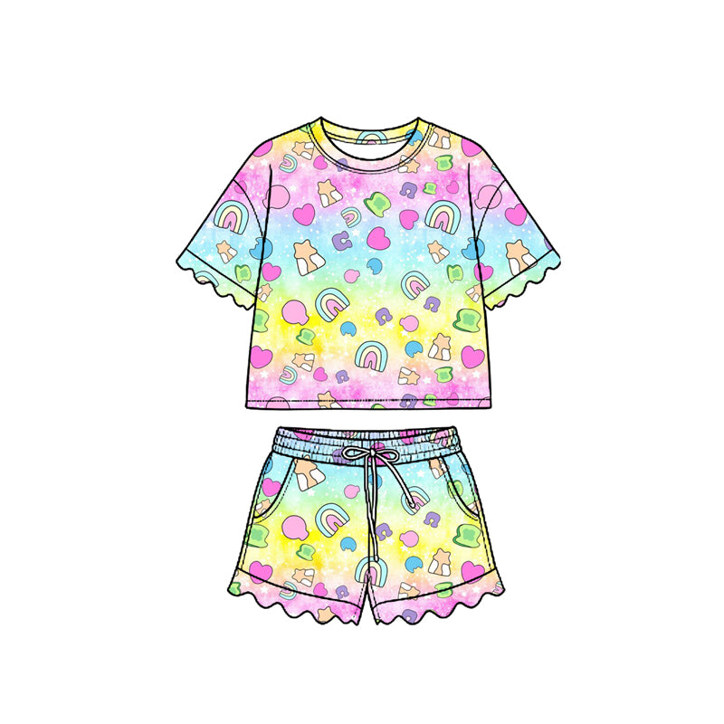 Preorder (moq 5) Baby Girl Clothes St Patricks Rainbow Glitter Heart Star Mixed Print Short Sleeve Ruffle Short Set