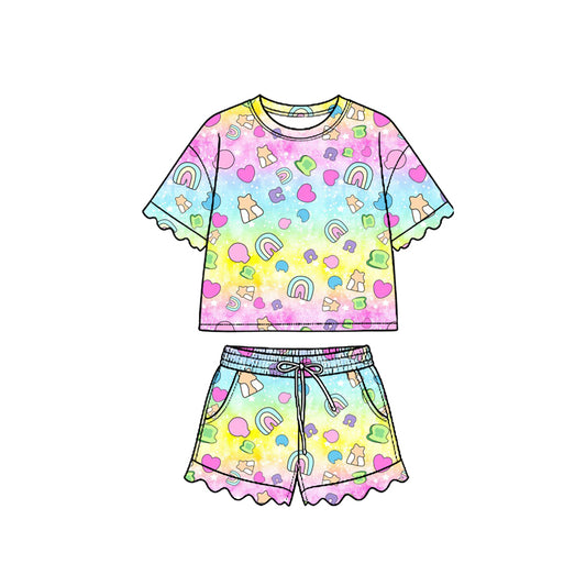 Preorder (moq 5) Baby Girl Clothes Rainbow Tie Dye Heart Candy Allover Print Short Sleeve Ruffle Top Short Outfit Set