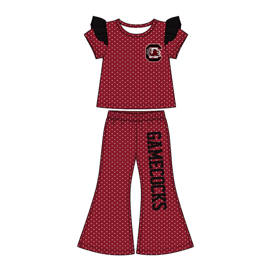 Preorder (moq5) Baby Girls Gamecocks Polka Dots Flutter Sleeve Top Flare Pants Team Clothes Set