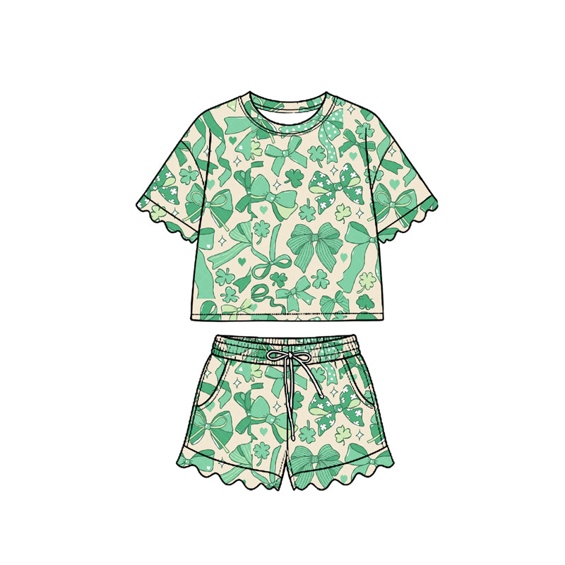 Preorder (moq 5) Baby Girl Clothes St Patricks Green Bow Clover Mixed Print Short Sleeve Ruffle Short Set