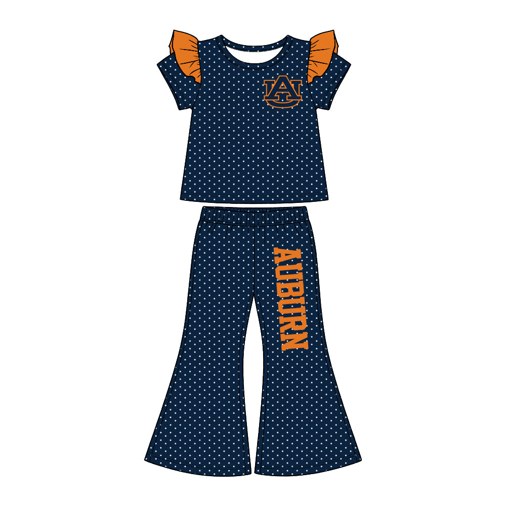 Preorder (moq5) Baby Girls Auburn Polka Dots Flutter Sleeve Top Flare Pants Team Clothes Set
