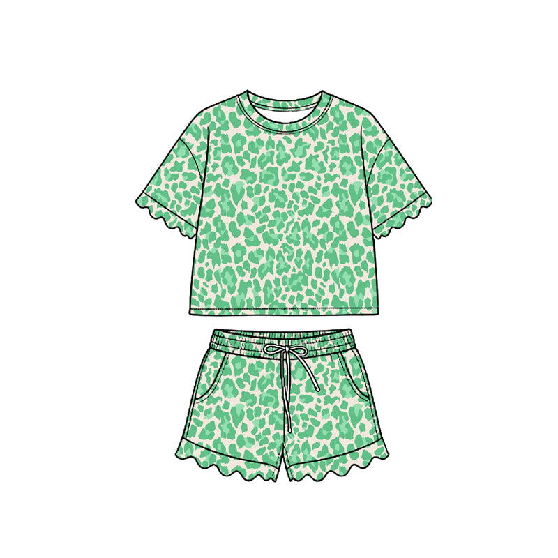 Preorder (moq 5) Baby Girl Clothes St Patricks Green Leopard Mixed Print Short Sleeve Ruffle Short Set