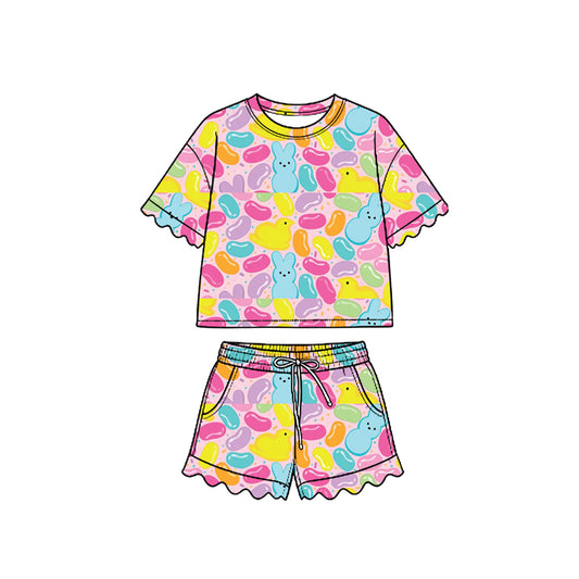 Preorder (moq 5) Baby Girl Clothes Easter Jelly Bean Bunny Chick Allover Print Short Sleeve Ruffle Top Short Outfit Set