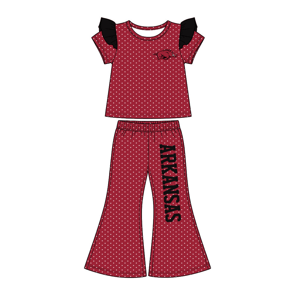Preorder (moq5) Baby Girls Arkansas Polka Dots Flutter Sleeve Top Flare Pants Team Clothes Set
