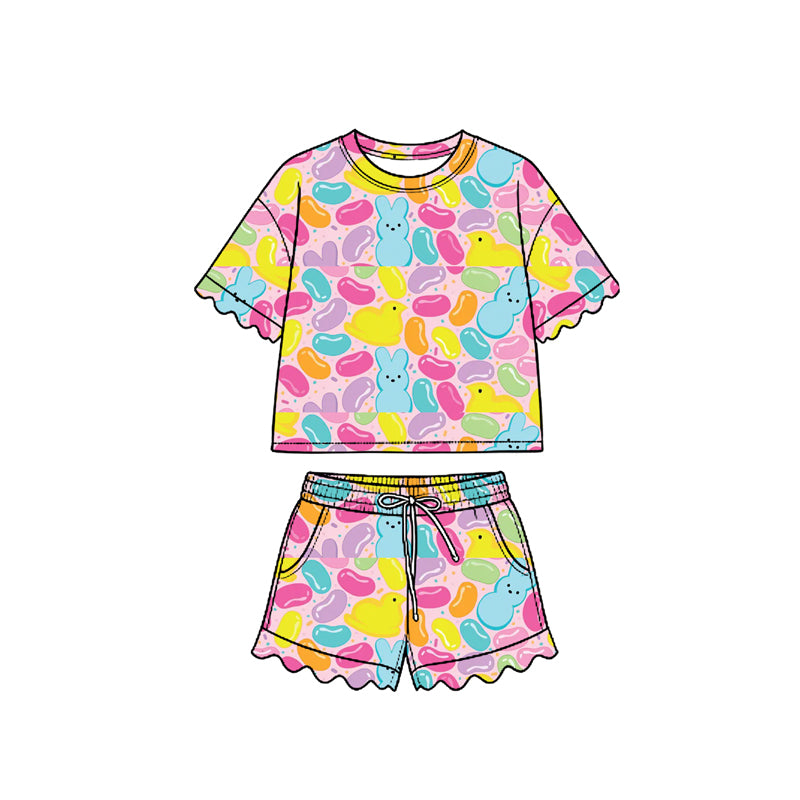 Preorder (moq 5) Baby Girl Clothes Easter Jelly Bean Peep Bunny Chick Mixed Print Short Sleeve Ruffle Short Set