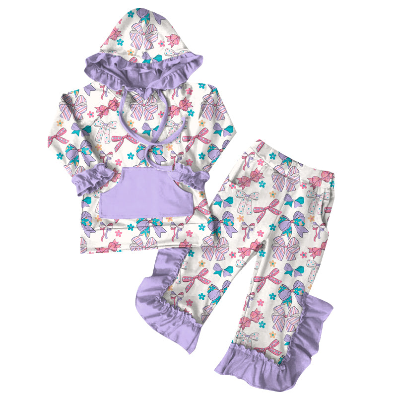 Preorder (moq 5)Baby Girls Purple Bows Hoodies Top Ruffle Pant Sets