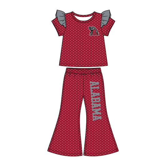 Preorder (moq5) Baby Girls Alabama Polka Dots Flutter Sleeve Top Flare Pants Team Clothes Set