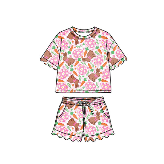Preorder (moq 5) Baby Girl Clothes Easter Bunny Egg Carrot Checker Allover Print Short Sleeve Ruffle Top Short Outfit Set