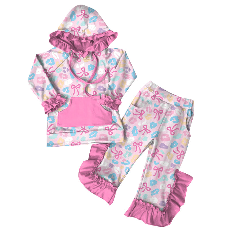 Preorder (moq 5)Baby Girls Pink Bows Leopard Hoodies Top Ruffle Pant Sets