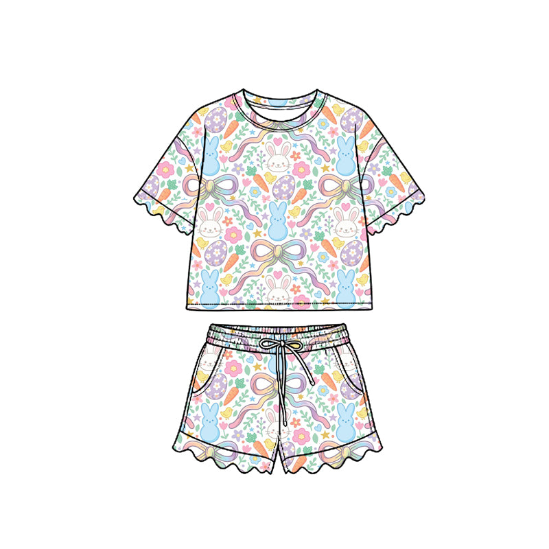 Preorder (moq 5) Baby Girl Clothes Easter Pastel Bunny Bow Floral Egg Mixed Print Short Sleeve Ruffle Short Set