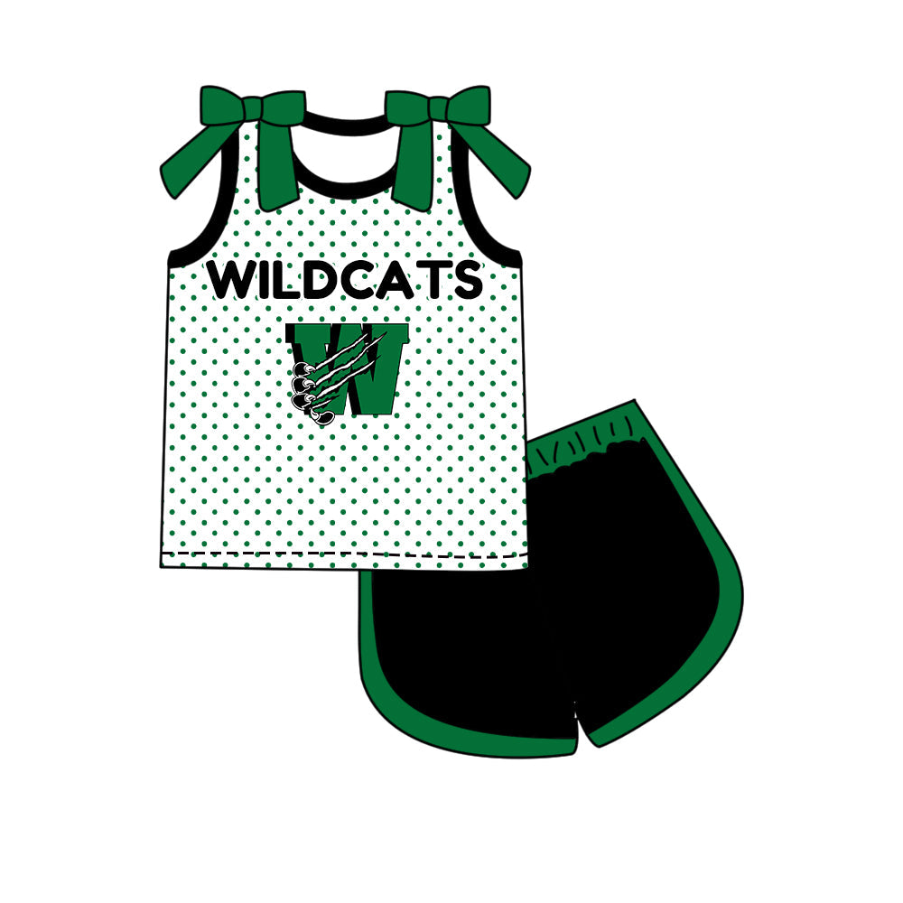 Preorder (moq 5)Baby Girls Bows Wildcats Polka Dots Top Short Team Clothes Set