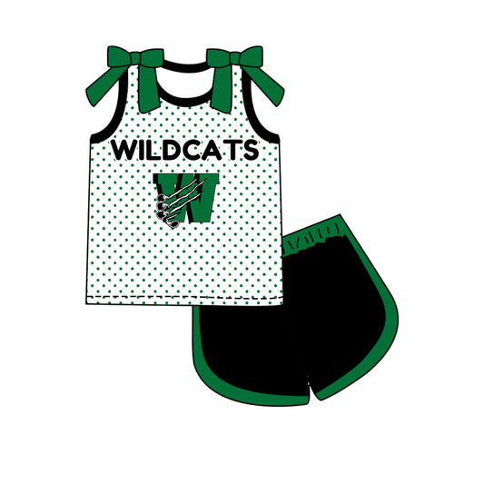 Preorder (moq 5)Baby Girls Bows Wildcats Polka Dots Top Short Team Clothes Set