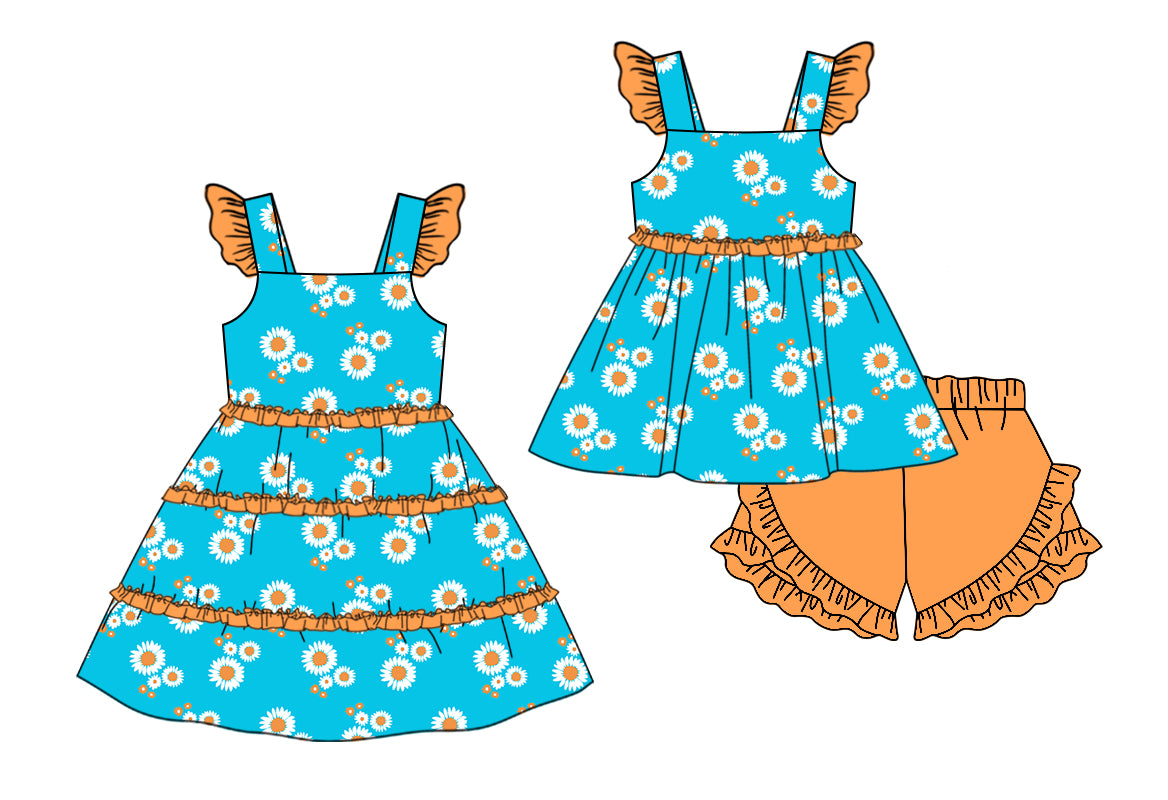 Preorder(moq 5 each) Baby Girls Blue Daisy Flowers Ruffles Summer Dress Shorts Sets