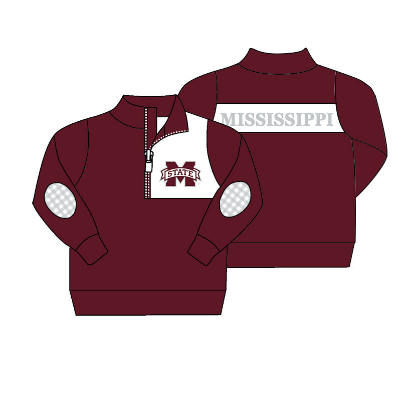 Preorder (moq 5)Baby Boys Red Long Sleeve M State Mississippi Team Zip Pullovers Top