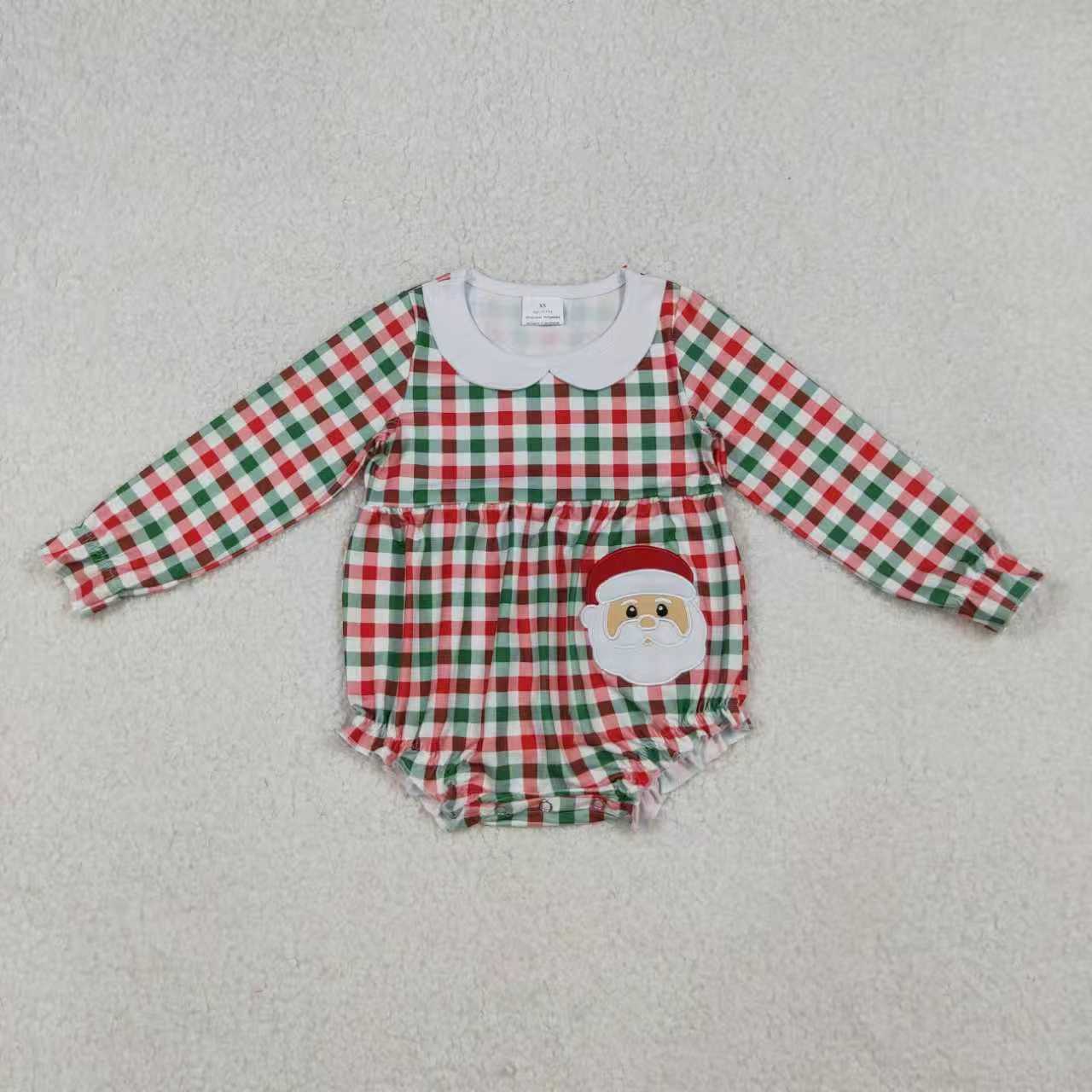 Sibling Baby Girls Red Green Checked Embroidery Santa Tunic Ruffle Pants Christmas Set Rompers