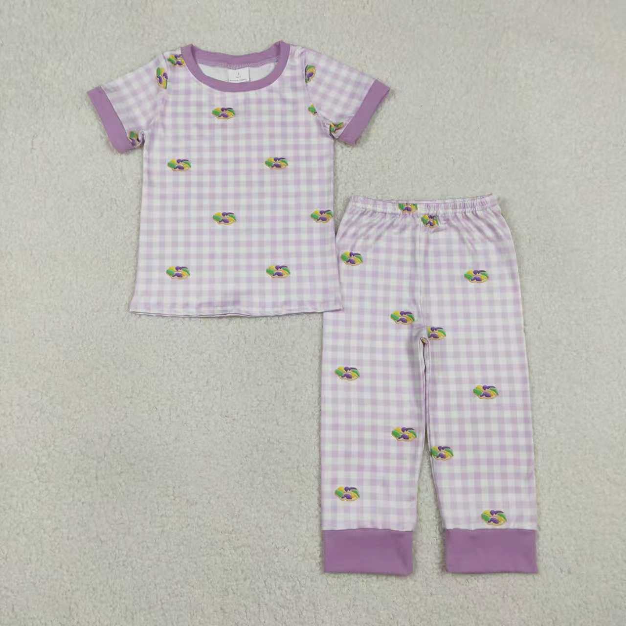 Sibling Baby Boys Girls Mardigras Donuts Boot Checked Dress Pocket Short Clothes Set Ruffle Zip Romper