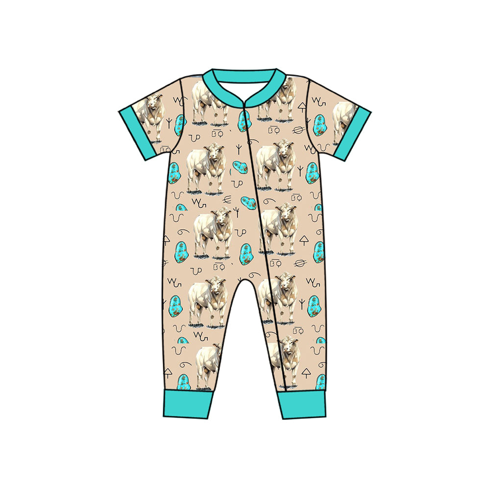 Infant Baby Boys Cow Turquoise Western Zip Rompers preorder(moq 5)