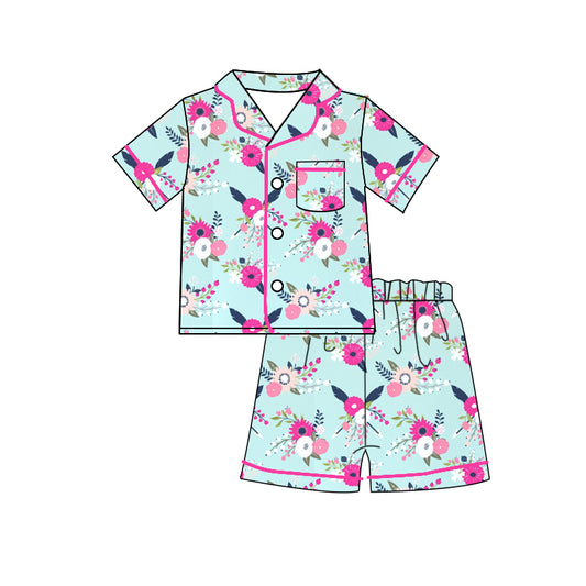 Baby Girls Short Sleeve Green Flowers Shirt Shorts Pajamas Clothes Sets preorder(moq 5)