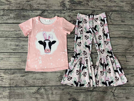 Baby Girls Easter Western Cow Ears Cactus Tee Shirts Top Bell Bottom Pants Clothes Sets