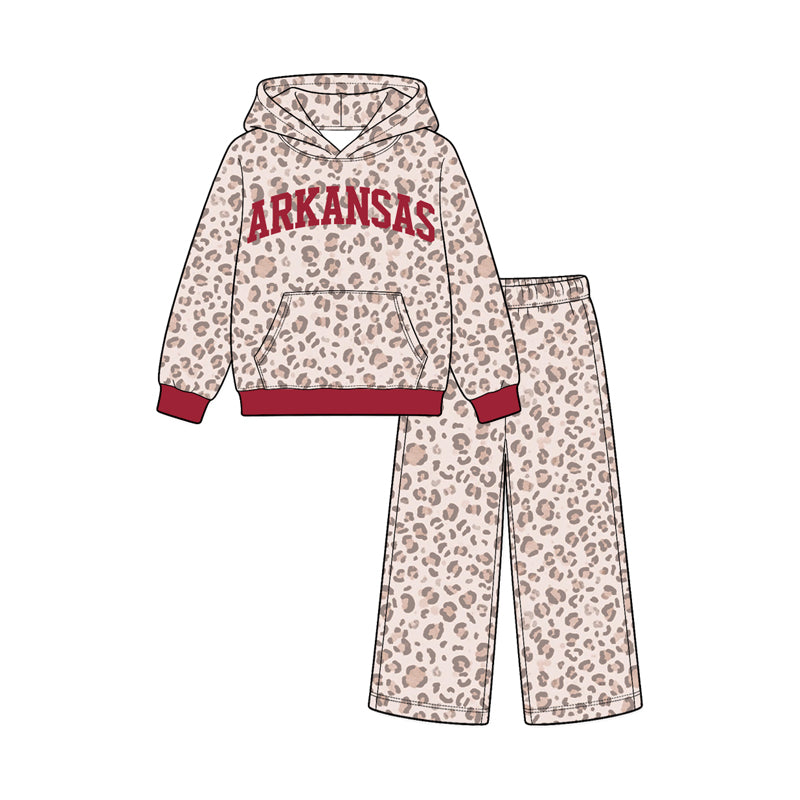 Preorder (moq 5) Baby Girl Clothes Arkansas Letter Leopard Print Long Sleeve Hoodie Wide Leg Pant Set