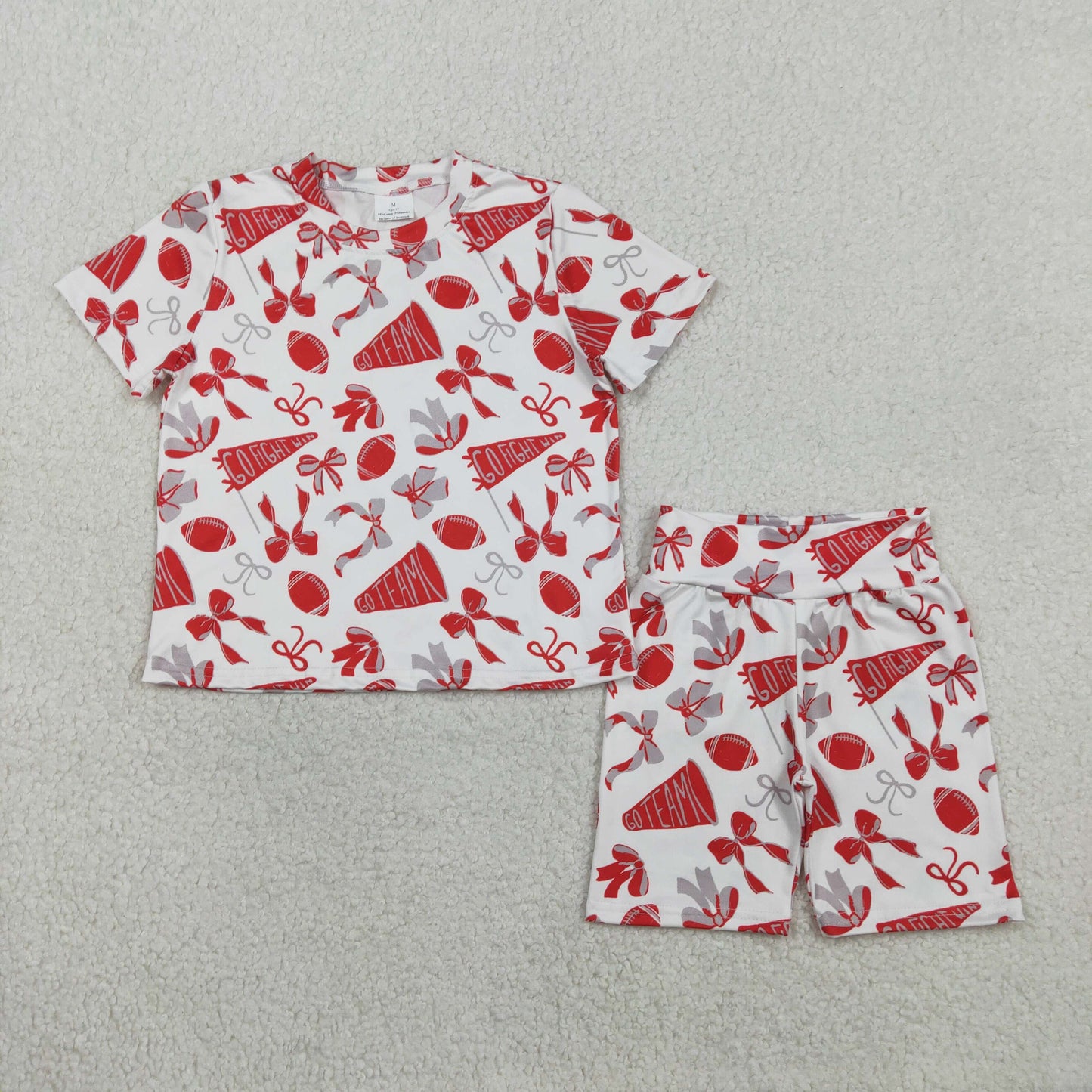 Baby Girls Red Grey Bow Footballs Top Shorts Go Team Pajamas Clothes Set