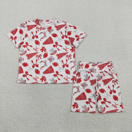Baby Girls Red Grey Bow Footballs Top Shorts Go Team Pajamas Clothes Set