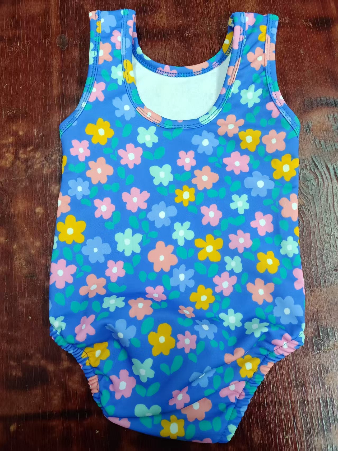 Preorder moq 5 Baby Girls Blue Sleeveless Colorful Flowers One Piece Swimsuits