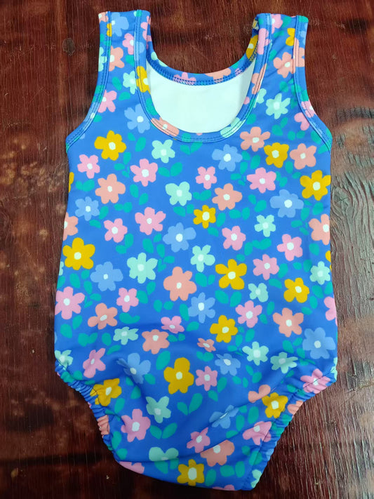 Preorder moq 5 Baby Girls Blue Sleeveless Colorful Flowers One Piece Swimsuits