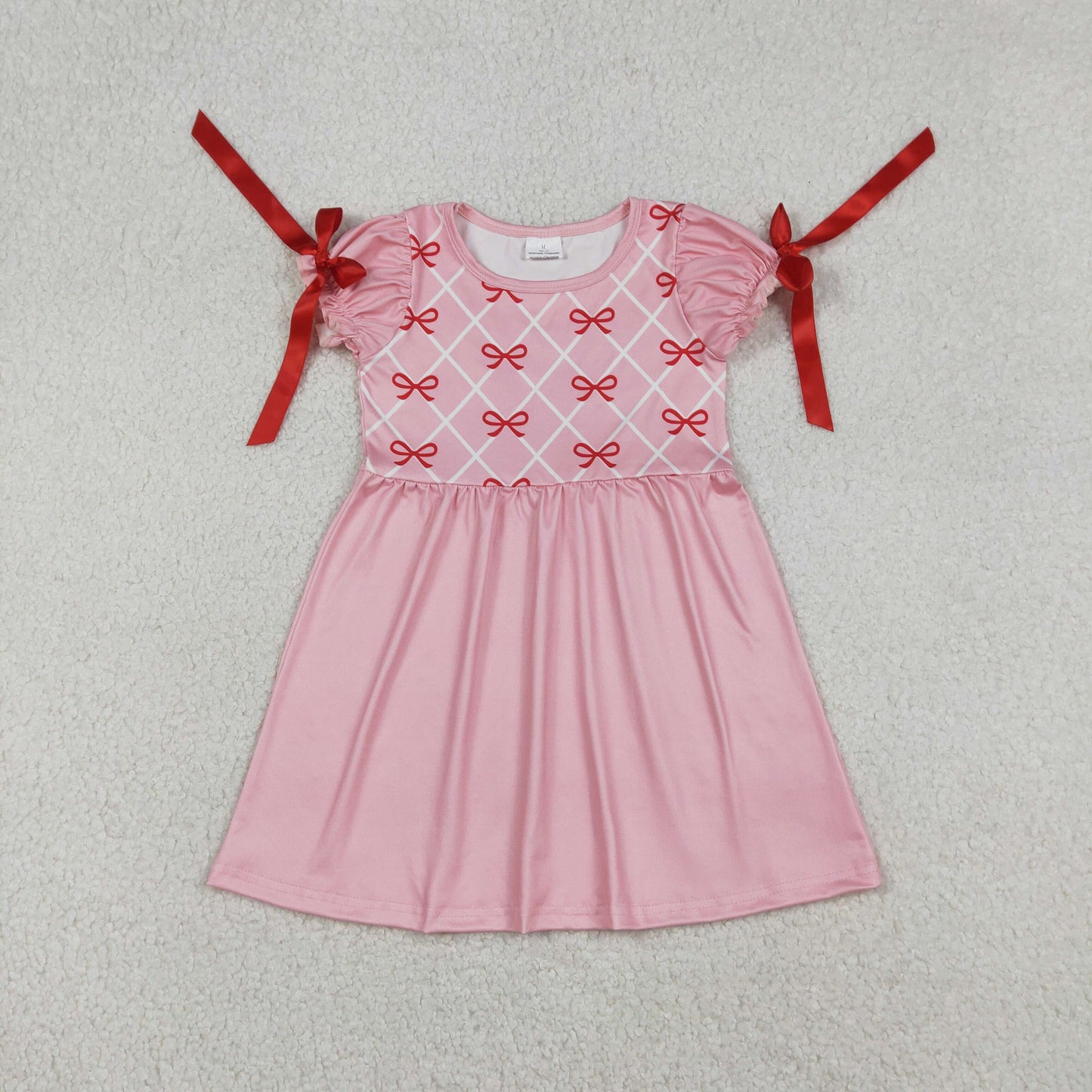 Baby Girls Short Sleeve Red Bows Checked Knee Length Dresses