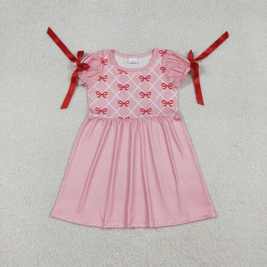 Baby Girls Short Sleeve Red Bows Checked Knee Length Dresses