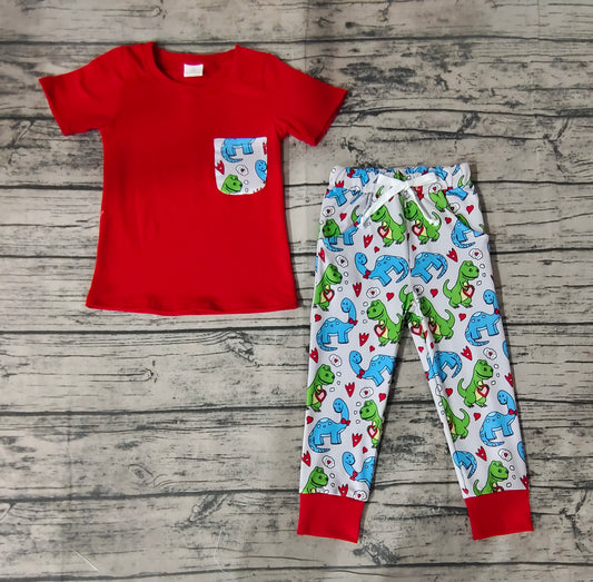 Baby Boys Valentines Dinosaurs Pocket Tee Tops Pants Clothes Sets