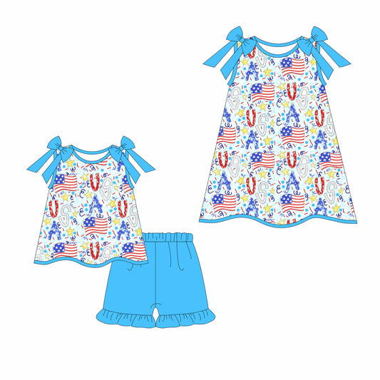 Preorder moq 5 Custom Baby Girls Blue Strap Flags Tunic Ruffle Short 4th Of July Set Knee Length Dresses