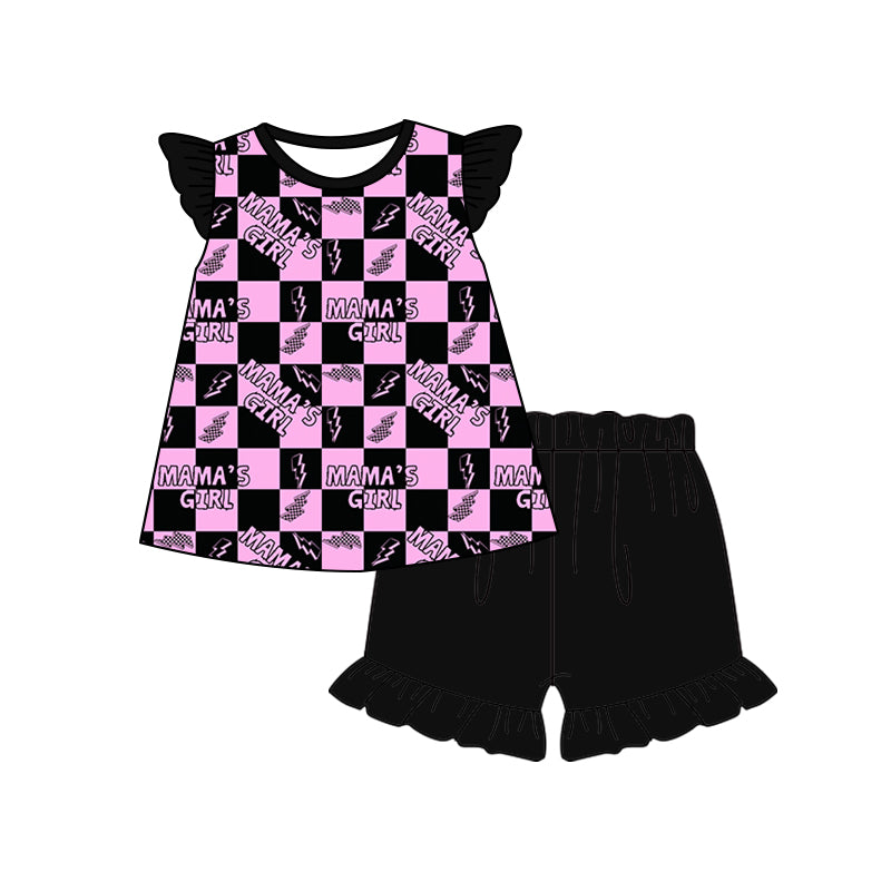 Baby Girls Purple Mama's Girl Checkered Top Black Shorts Summer Clothes Sets Preorder(moq 5)