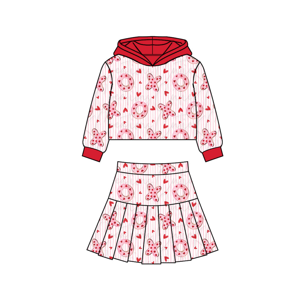 Preorder (moq 5)Baby Girls XOXO Hearts Stripe Hoodie Pleated Skirt Shorts Valentines Clothes Sets
