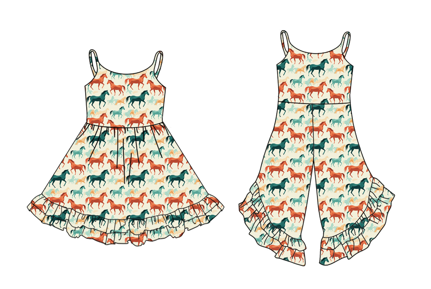 Preorder moq 5 Custom Baby Girls Strap Colorful Horses Ruffle Jumpsuits Knee Length Dresses