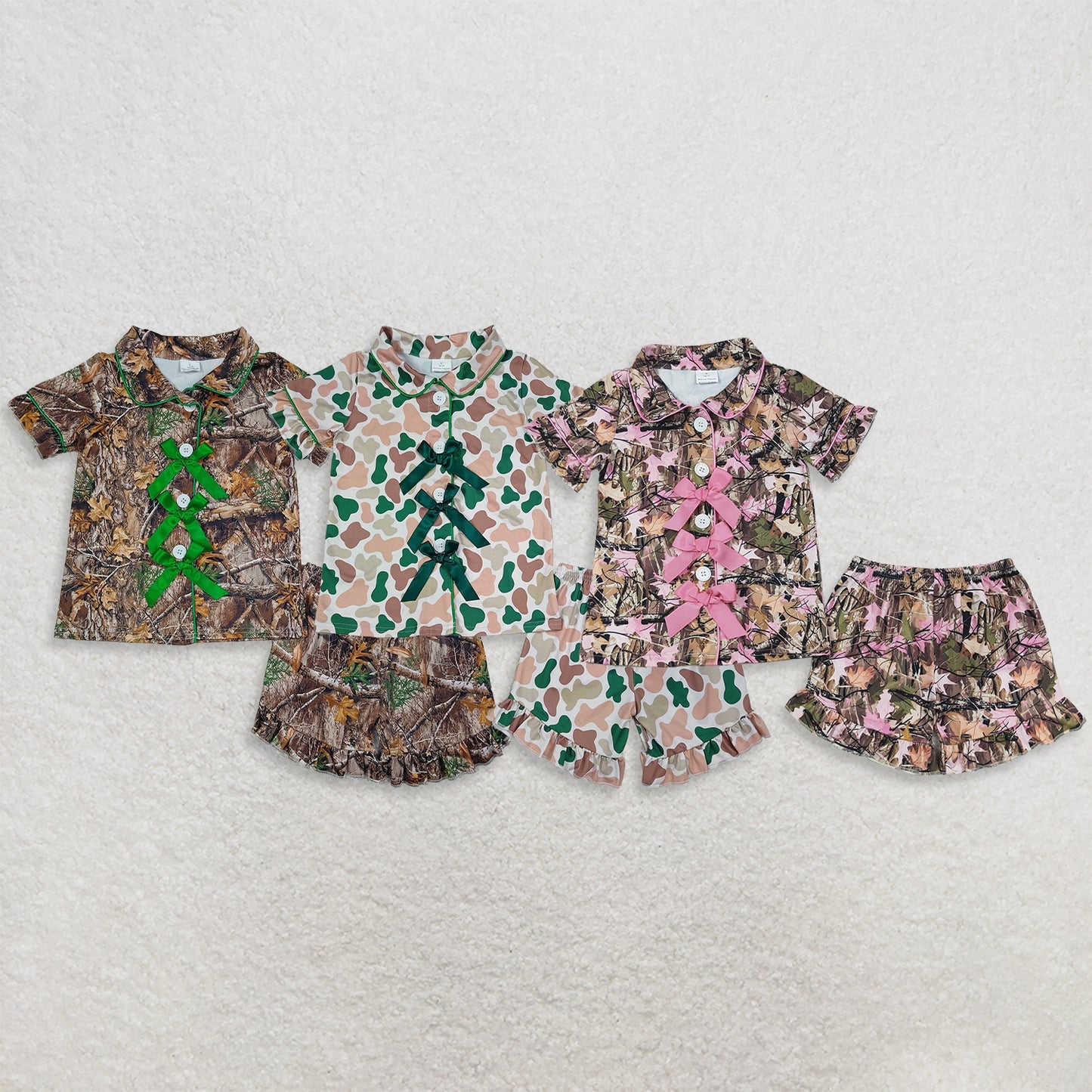 Sibling Baby Girls Short Sleeve Leaves Camo Bows Button Top Ruffle Short Pajamas Sets