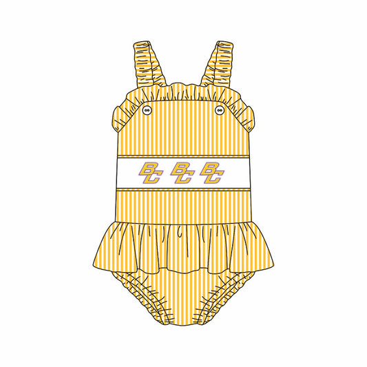 Preorder (moq 5)Baby Girls Strap Yellow Stripe BC Tunic Bummies Team Rompers