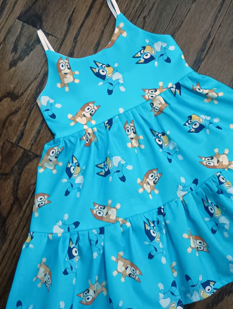 Baby Girls Straps Blue Dogs Ruffle Knee Length Dresses preorder (moq 5)