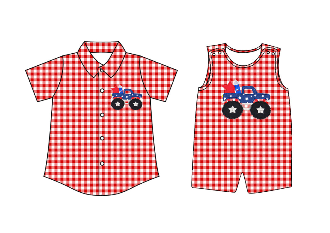 Preorder moq 5 Custom Baby Boys Red Plaid Button Stars Firework Truck 4th Of July Shirts Top Rompers