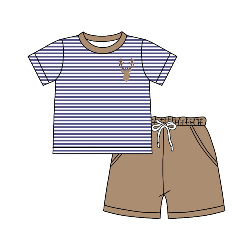 Preorder (moq 5)Baby Boys Stripes Deer Hunting Shirts Green Pockets Shorts Clothes Sets