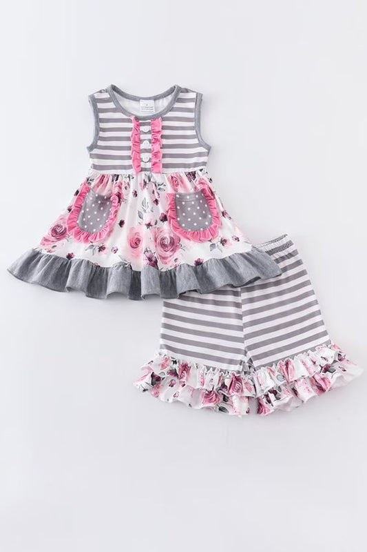 Baby Girls Grey Stripes Floral Pockets Tunic Top Ruffle Shorts Clothes Sets order preorder (moq 5)