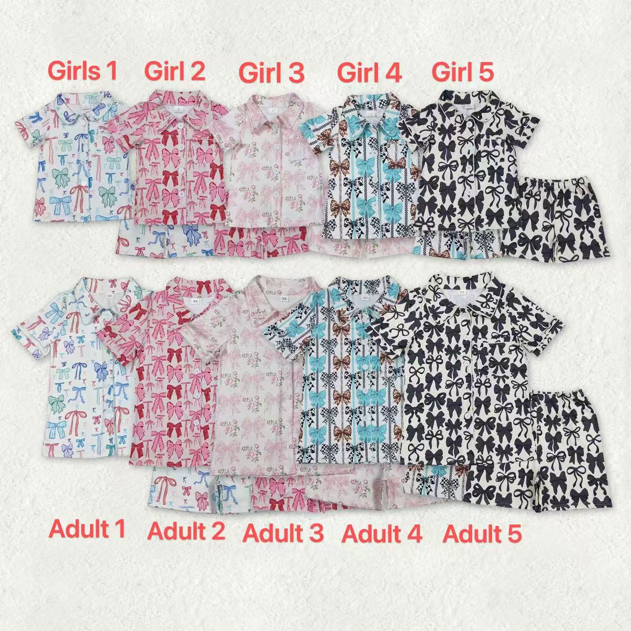Mama and Me Colorful Bows Pocket Button Top Shorts Pajamas Sets
