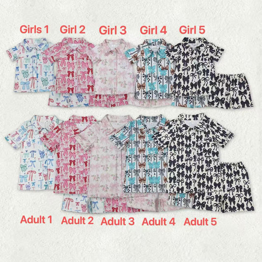 Mama and Me Colorful Bows Pocket Button Top Shorts Pajamas Sets